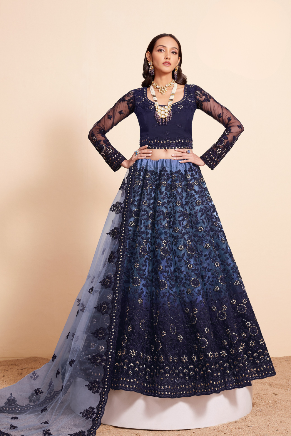 Designer Navy Blue Lehenga Choli In Net With Dazzling Stone Work
