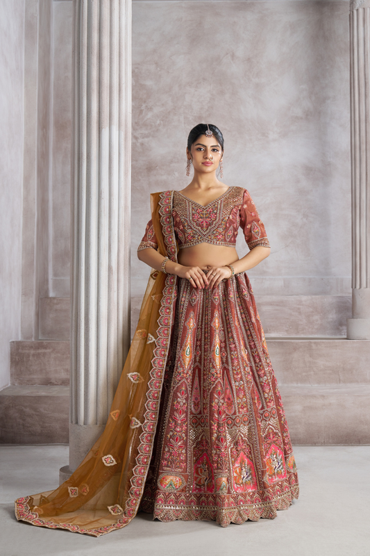 Designer Semi-Bridal Lehenga Choli with Intricate Aari & Patch Detailing