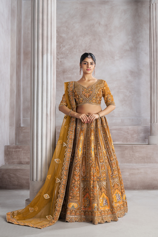 Designer Semi-Bridal Lehenga Choli with Intricate Aari & Patch Detailing