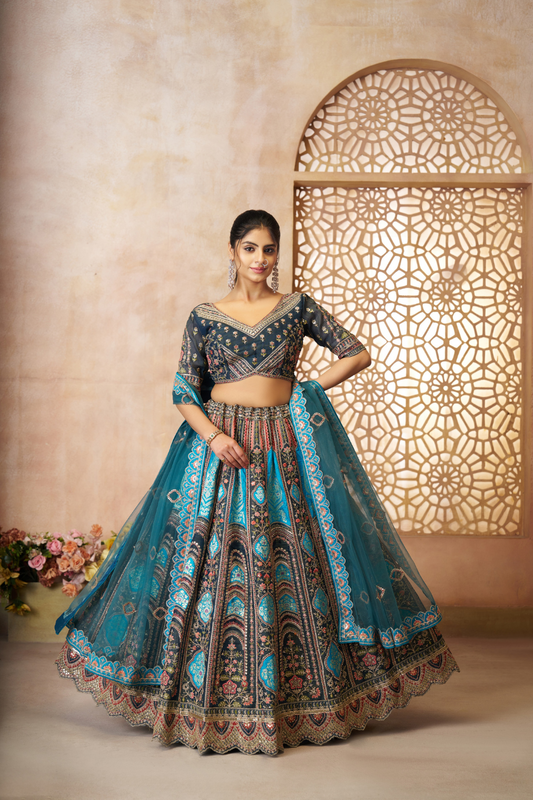 Elegant Wedding Lehenga with Floral Aari Embroidery & Banarasi Accents