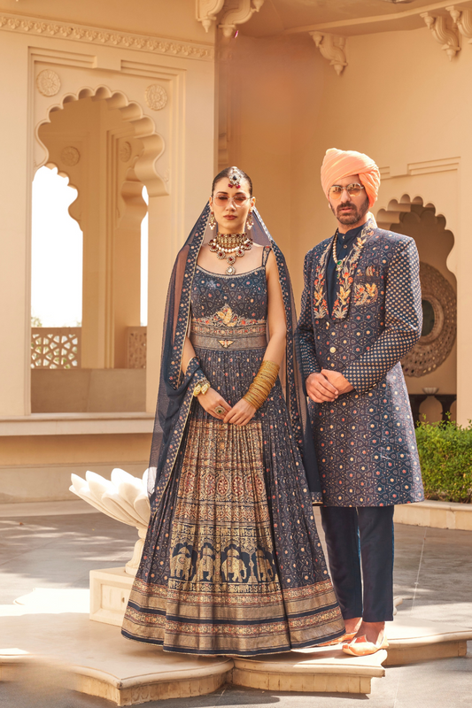 Navy Blue Anarkali Dress & Men's Kurta-Coat Set – Couple Outfit - LaVante Fashion
