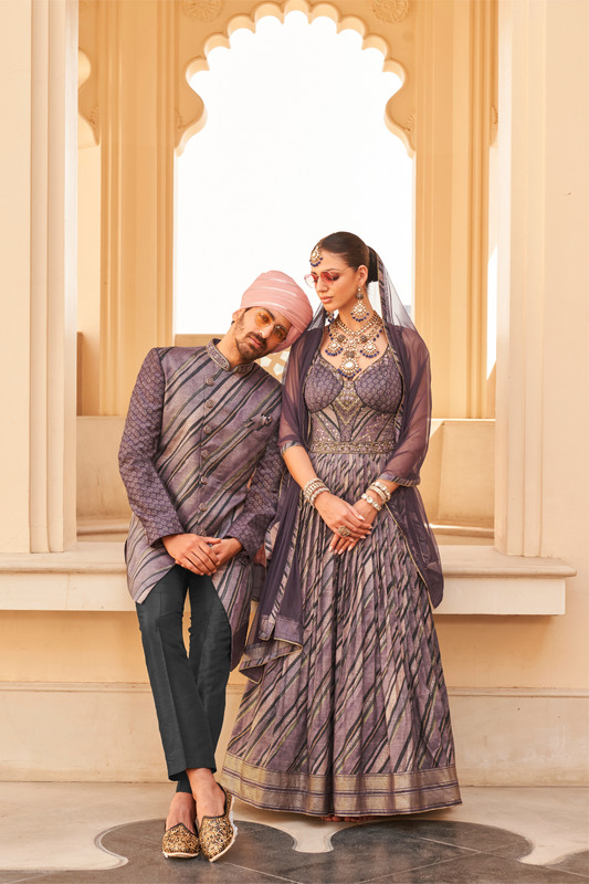 Violet Anarkali Dress and Navy Blue Printed Kurta Set for Couple - LaVante Fashion