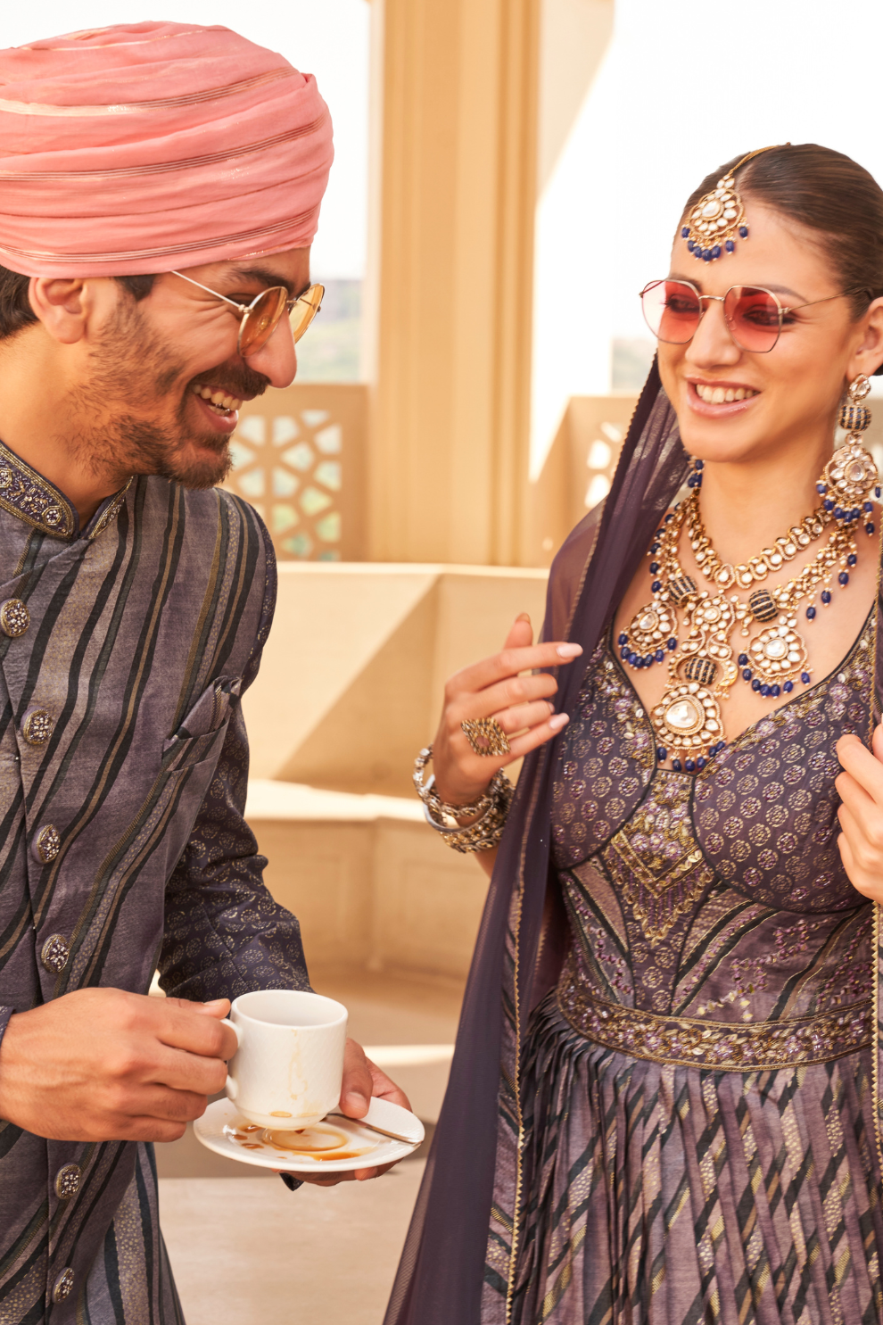 Violet Anarkali Dress and Navy Blue Printed Kurta Set for Couple - LaVante Fashion