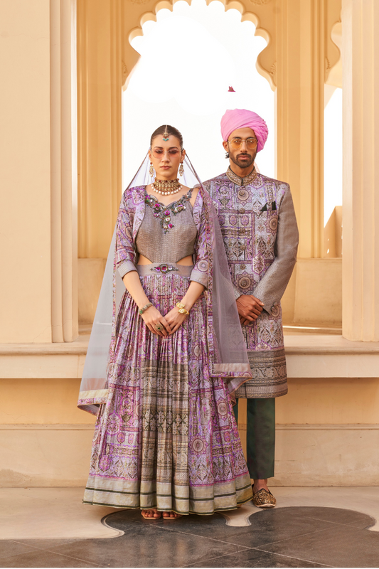 Purple Anarkali Dress and Navy Blue Printed Kurta Set for Couple - LaVante Fashion