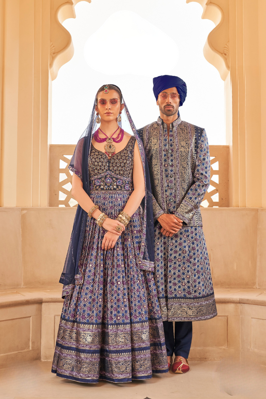 Blue Printed Anarkali Dress & Men's Kurta-Coat Set – Couple Outfit - LaVante Fashion