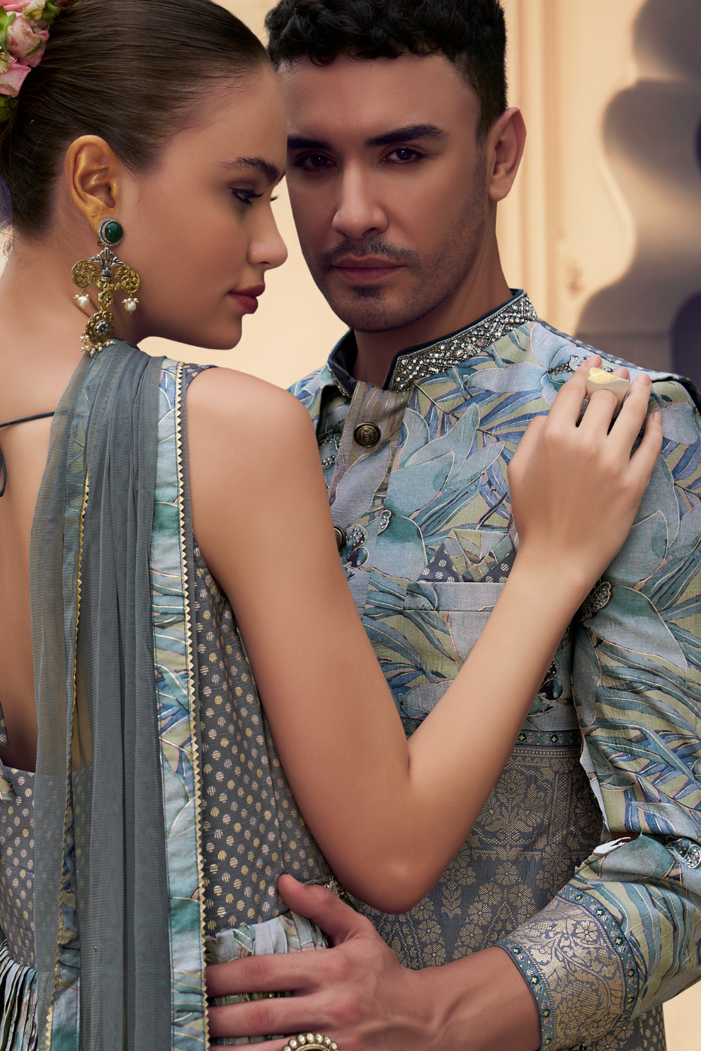 Ethnic Mint Green Printed Skirt & Kurta Jacket Set for Couple - LaVante Fashion