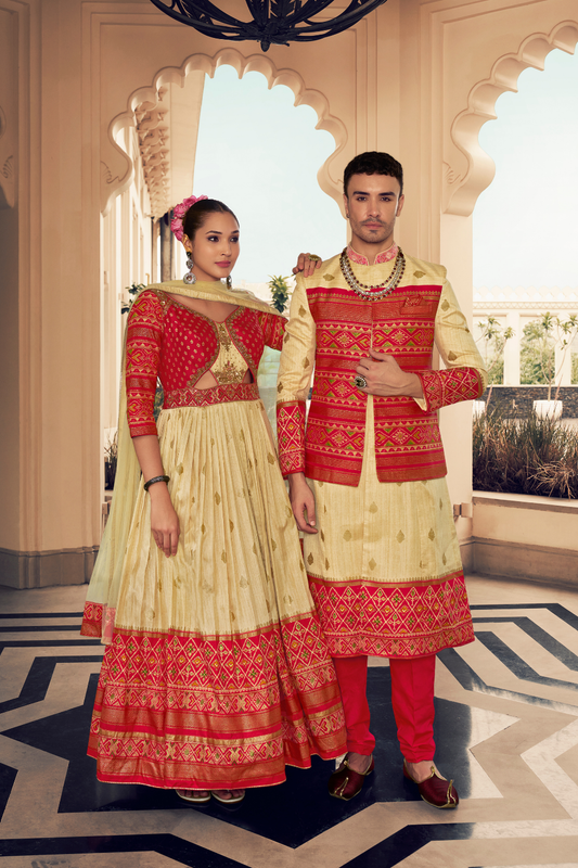 Ethnic Rani Pink Printed Skirt & Kurta Jacket Set for Couple - LaVante Fashion
