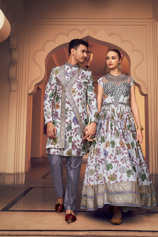 Ethnic Purple Printed Skirt & Kurta Jacket Set for Couple - LaVante Fashion
