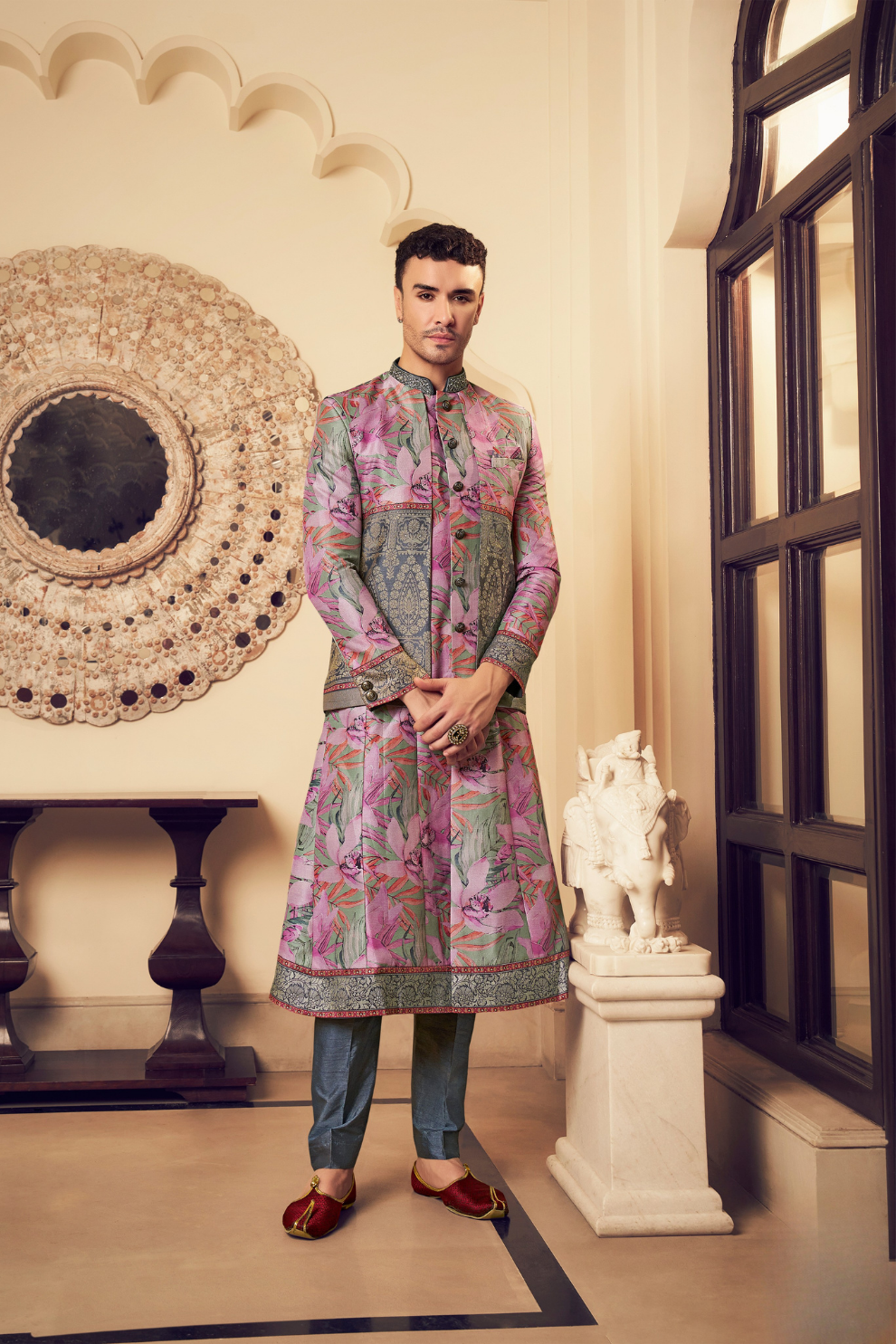 Ethnic Pink Printed Skirt & Kurta Jacket Set for Couple - LaVante Fashion