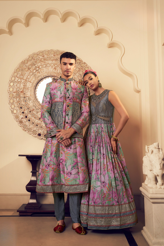 Ethnic Pink Printed Skirt & Kurta Jacket Set for Couple - LaVante Fashion