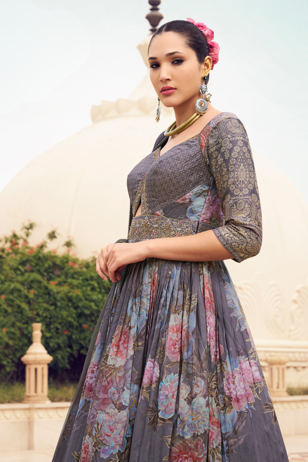 Ethnic Grey Printed Skirt & Kurta Jacket Set for Couple - LaVante Fashion