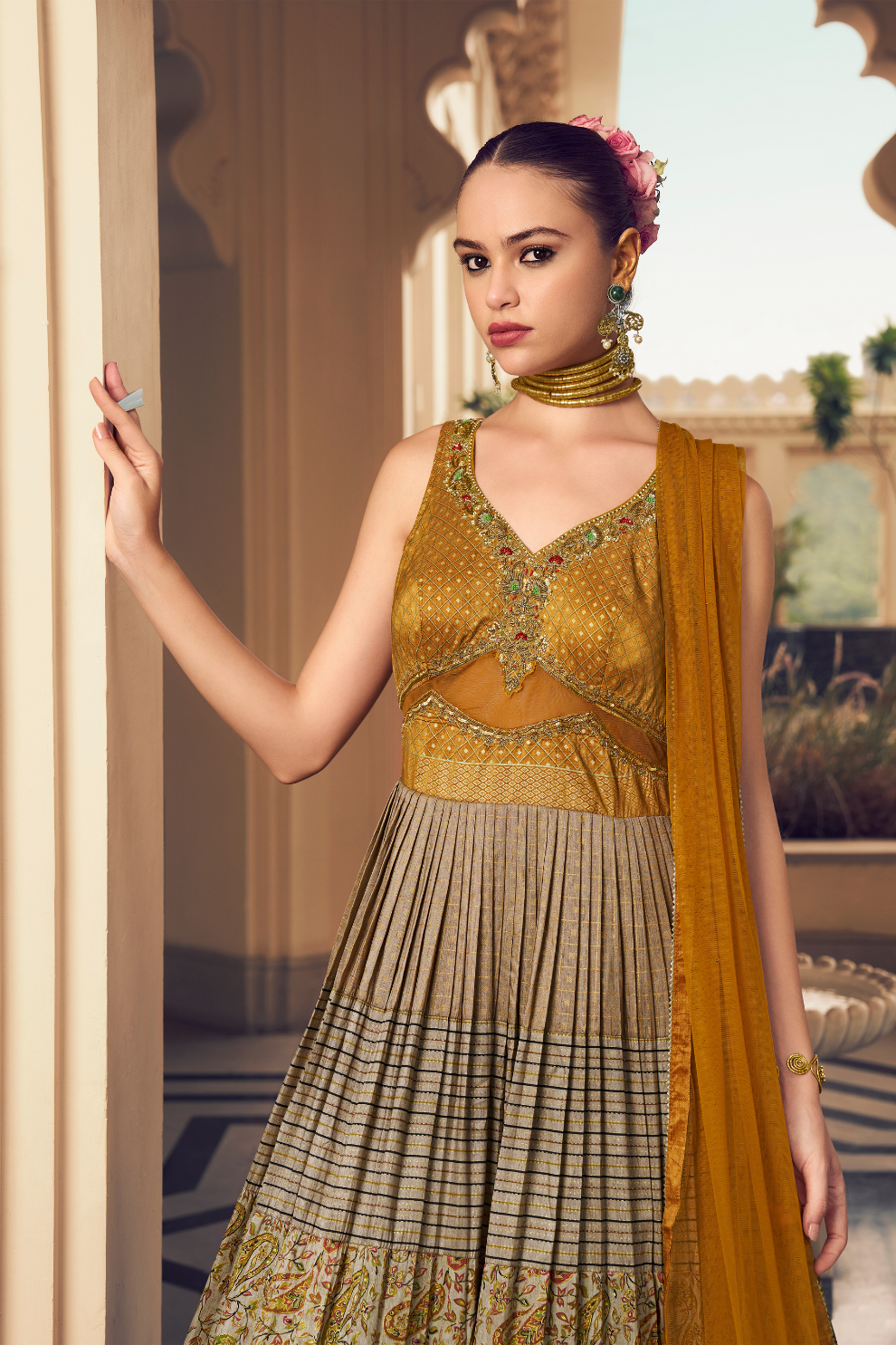 Ethnic Beige Printed Skirt & Kurta Jacket Set for Couple - LaVante Fashion