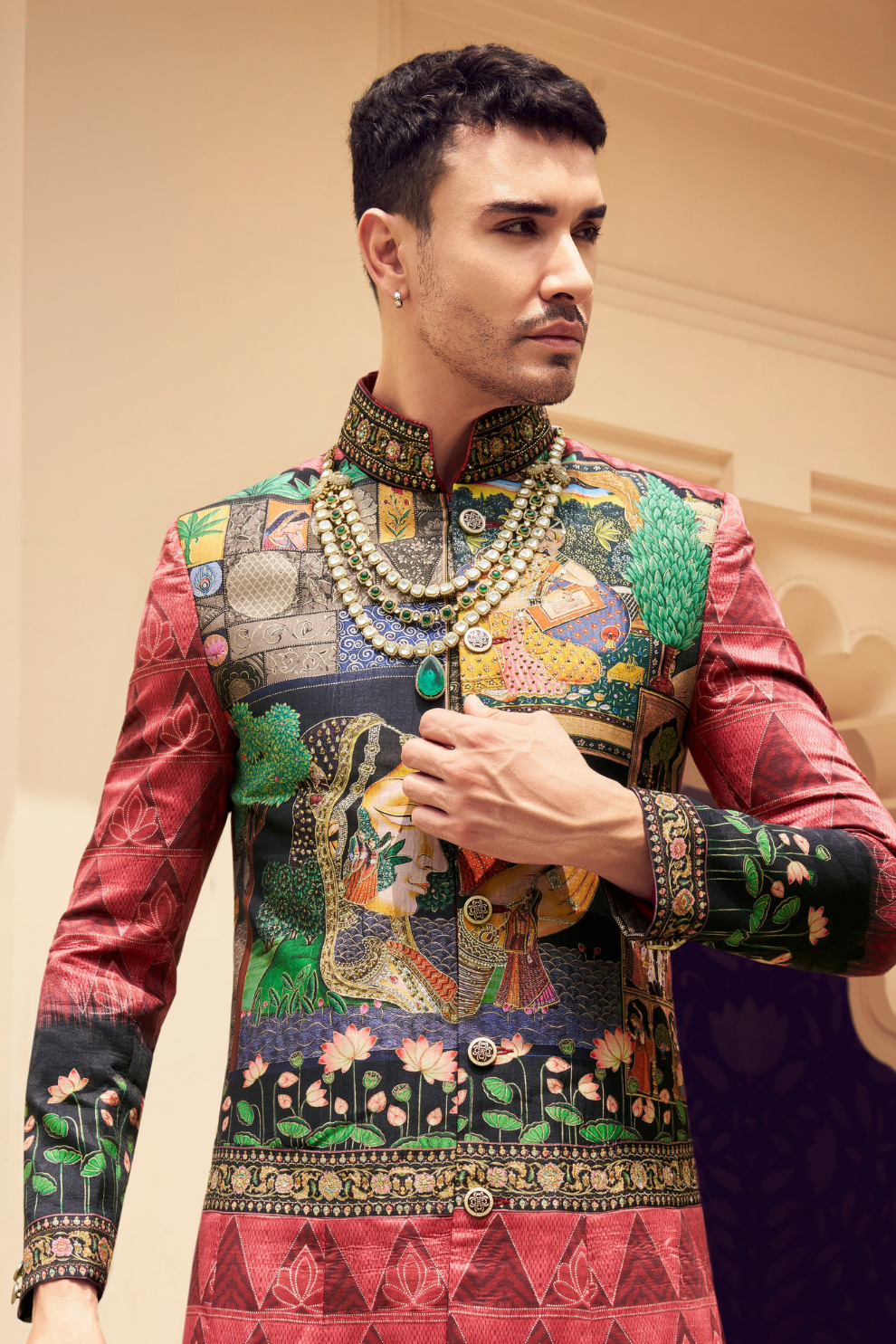 Ethnic Red Printed Skirt & Kurta Jacket Set for Couple - LaVante Fashion