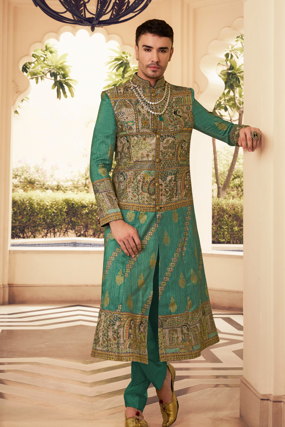 Ethnic Green Printed Skirt & Kurta Jacket Set for Couple - LaVante Fashion