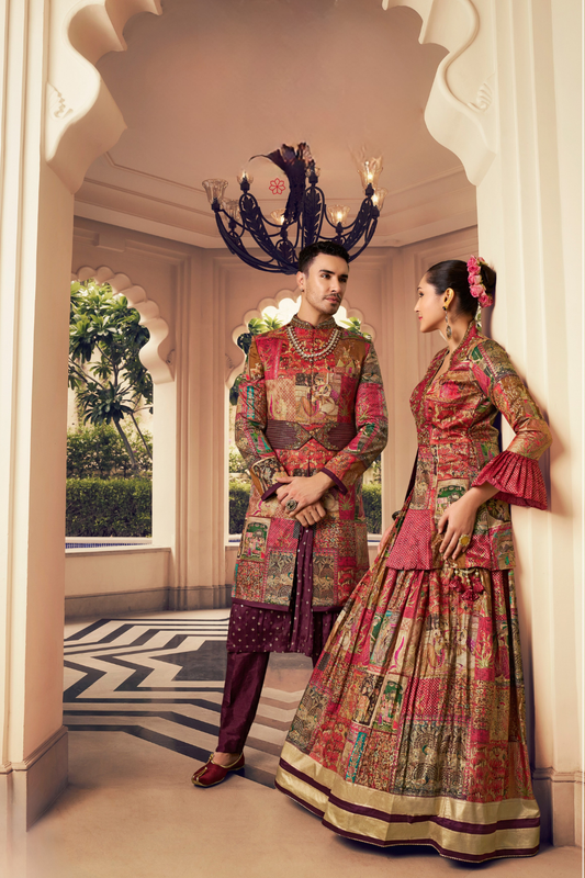 Ethnic Maroon Printed Skirt & Kurta Jacket Set for Couple - LaVante Fashion