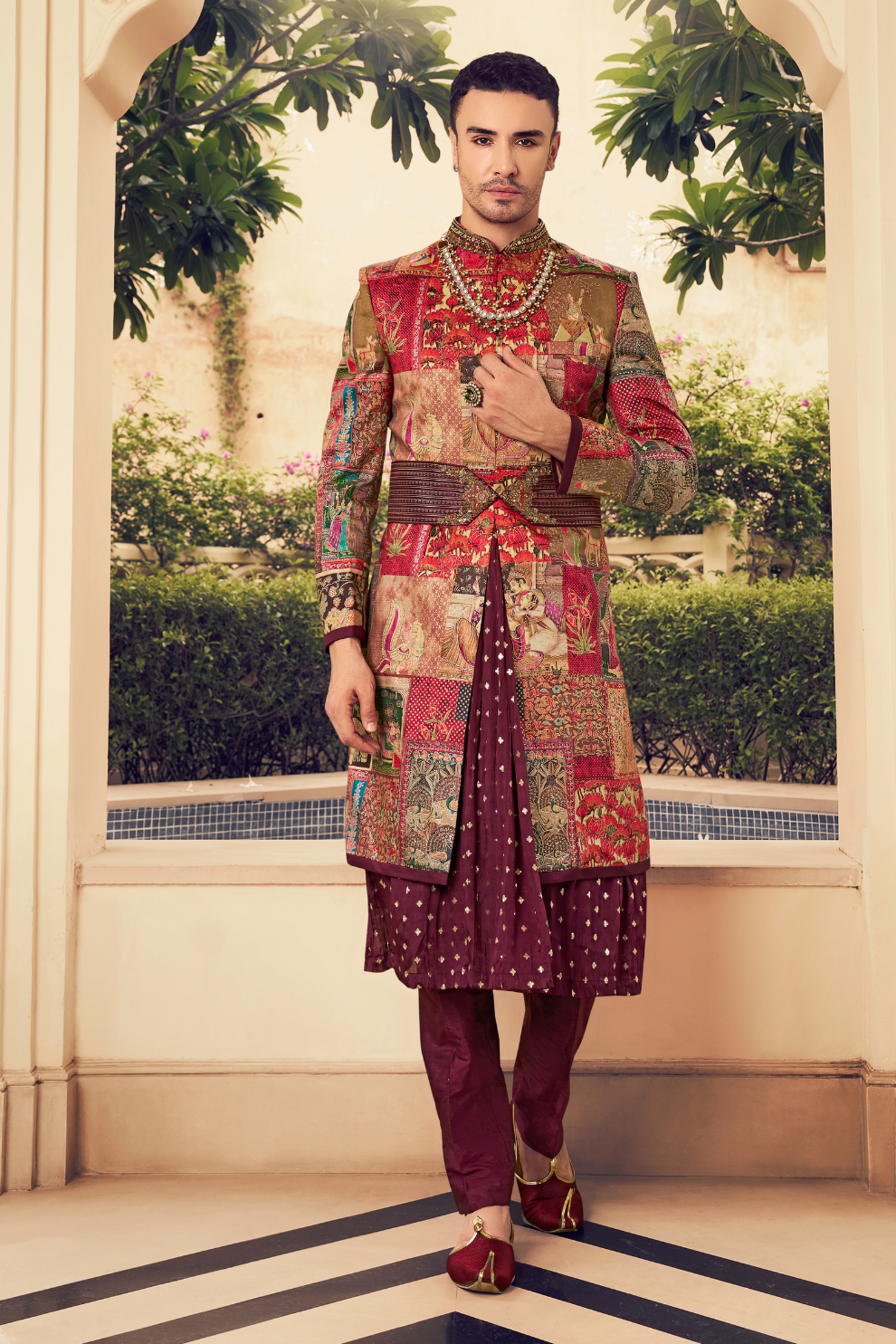 Ethnic Maroon Printed Skirt & Kurta Jacket Set for Couple - LaVante Fashion