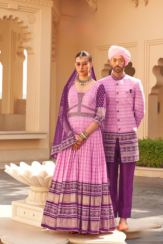 Pink Anarkali Dress and Navy Blue Printed Kurta Set for Couple - LaVante Fashion