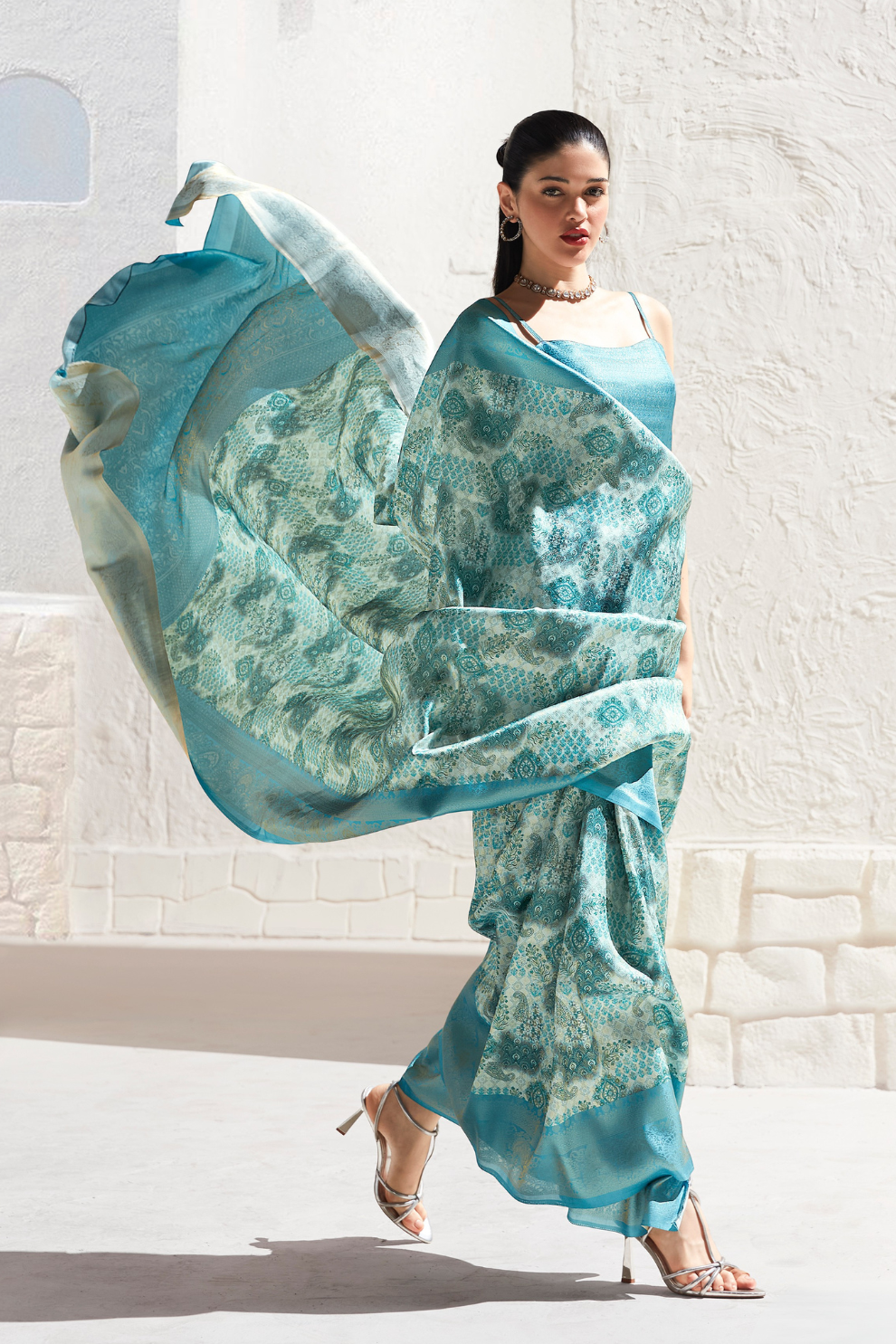 Designer Digital Printed Banarasi Slik Saree in Elegant Aqua Blue