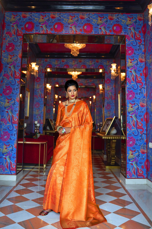Traditional Kanjivaram Silk Saree with Orange Handcrafted Beauty