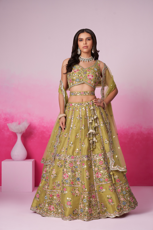 Bridal Net Moti And Sequins Embroidery Lehenga Choli Dupatta