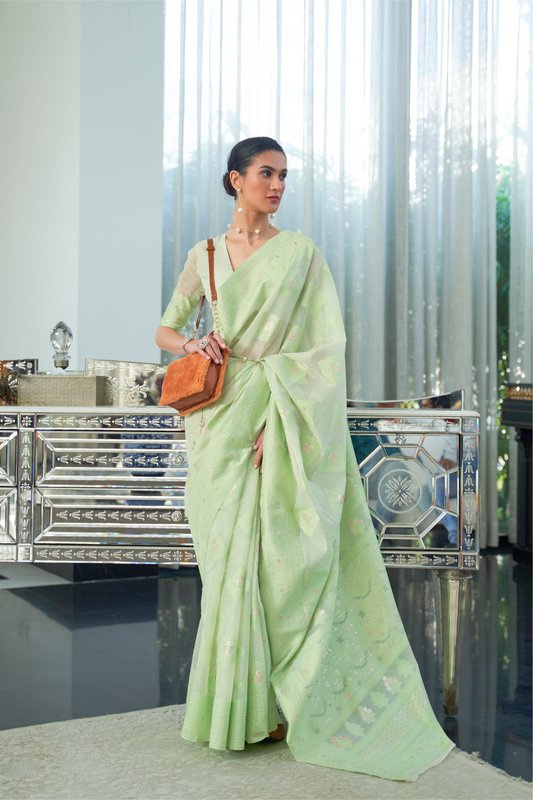 Classic Lucknowi Saree with Elegant Chikankari Silk Weaving Touch