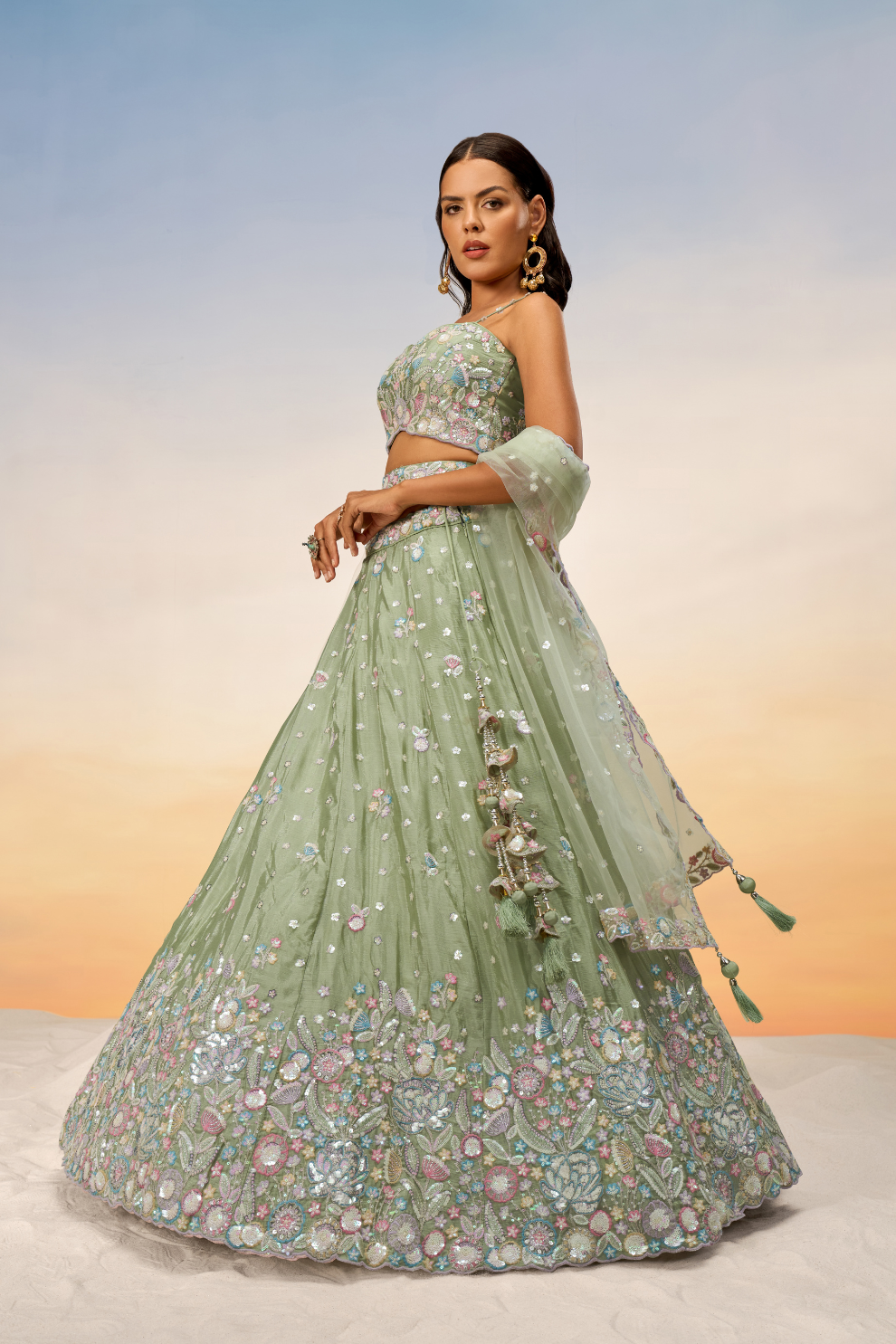 Chiffon Sequins And Thread Embroidery Lehenga Choli Dupatta