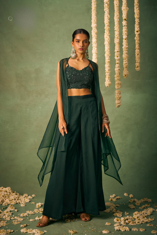 Green Sharara Ensemble with Khatli Embroidered Blouse