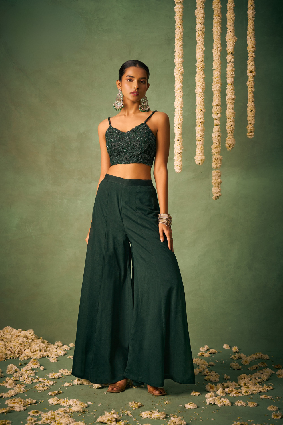 Green Sharara Ensemble with Khatli Embroidered Blouse