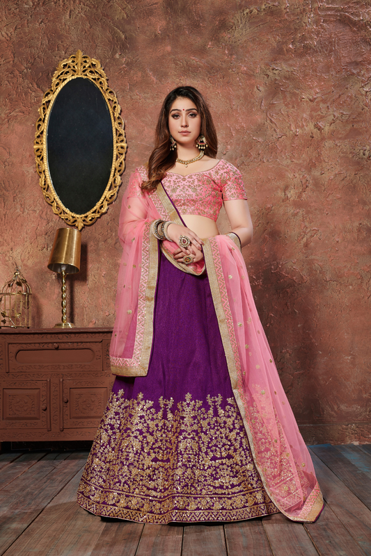 Glamorous Purple Art Silk Lehenga with Intricate Embroidery