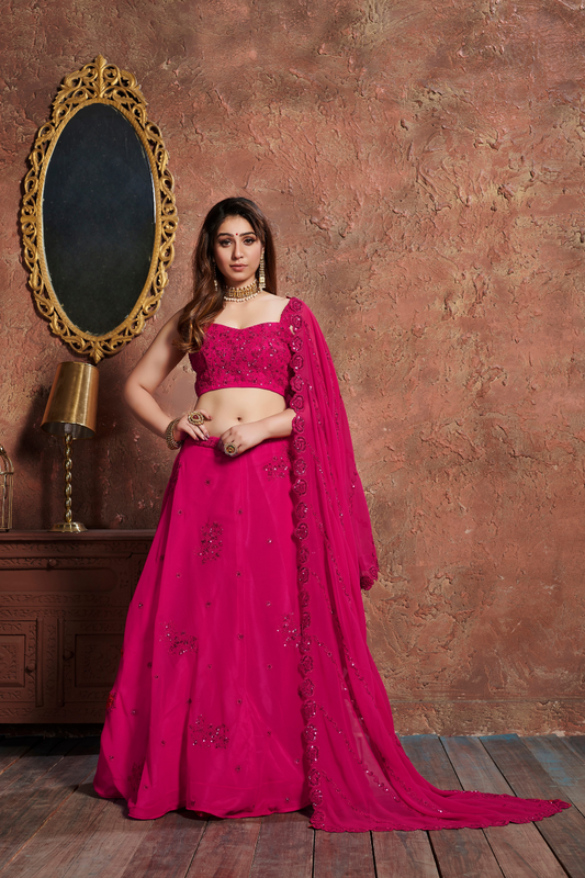 Elegant Rani Pink Embroidered Georgette Lehenga Set Design