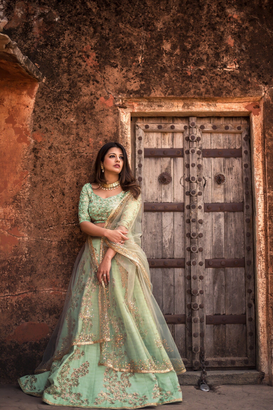 Pista Green Sequins Embellished Art Silk Lehenga Choli