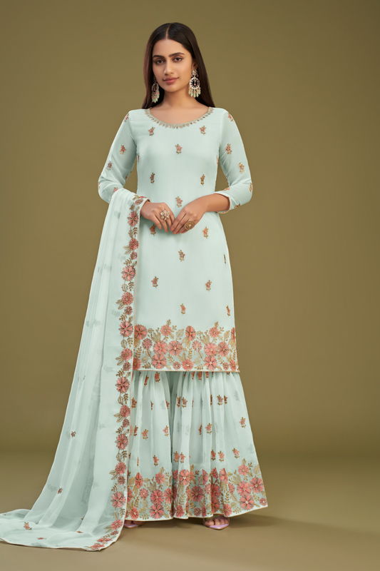 Firozi Georgette Sharara Set With Designer Detailing