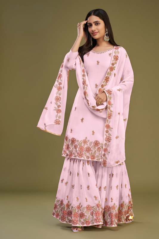Traditional Pink Georgette Sharara Suit With Stylish Flair