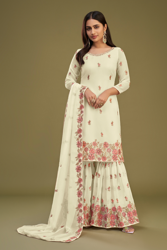Designer Cream Embroidered Georgette Sharara Suit