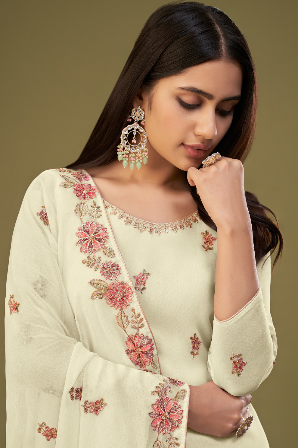 Designer Cream Embroidered Georgette Sharara Suit