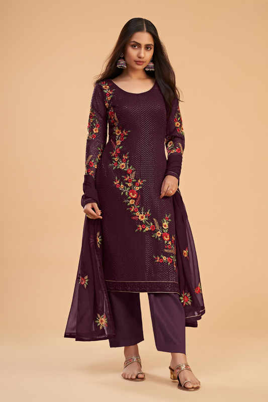 Stylish Wine Sequined Salwar Kameez in Soft Georgette Fabric