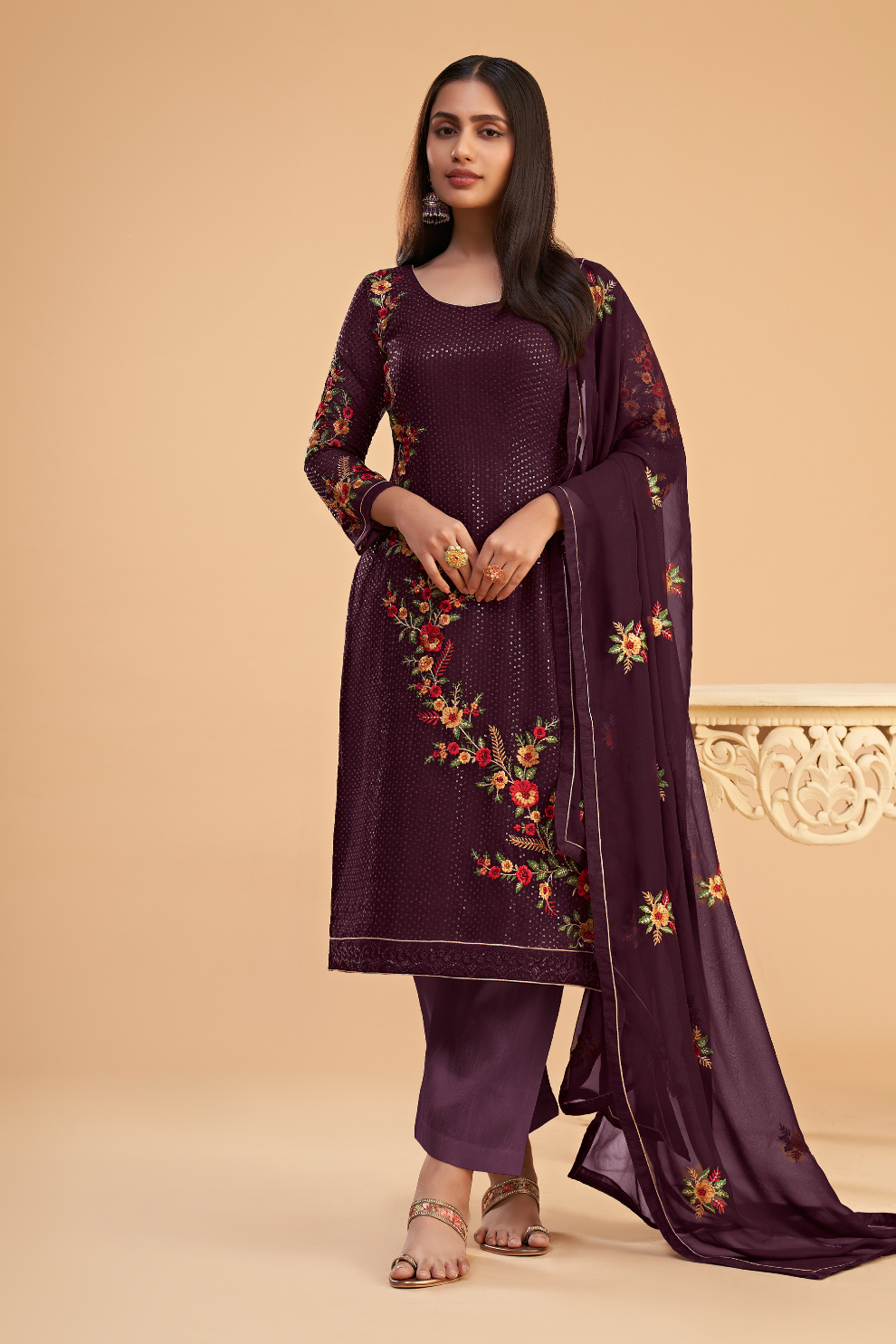 Stylish Wine Sequined Salwar Kameez in Soft Georgette Fabric