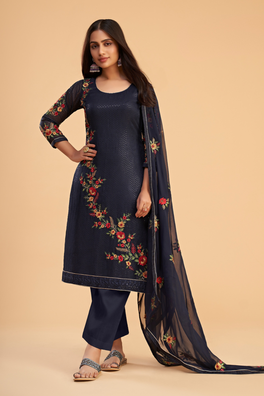 Designer Blue Embroidered Pant Suit in Flowing Georgette