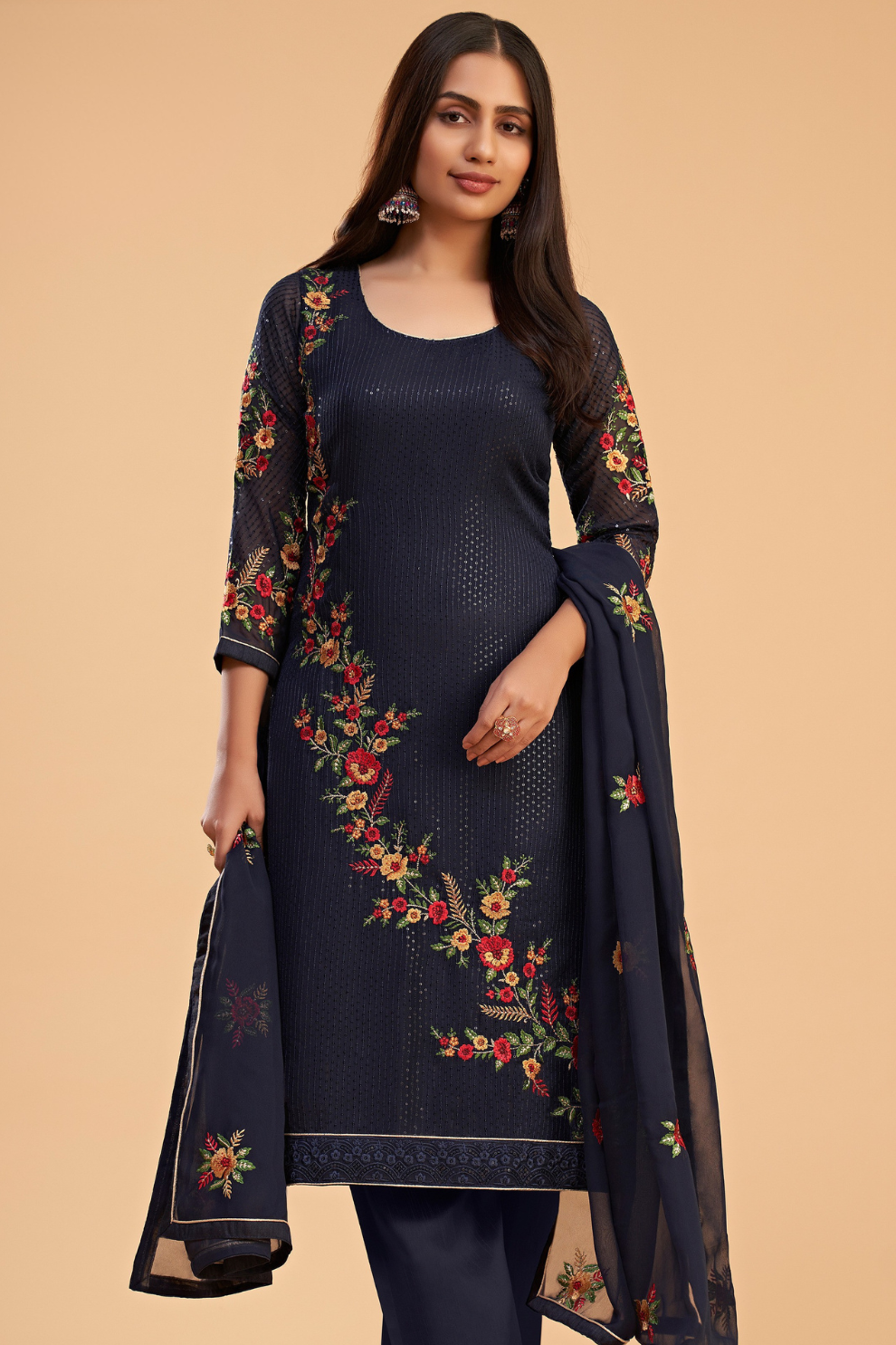 Designer Blue Embroidered Pant Suit in Flowing Georgette