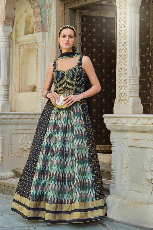 Black Foil Printed Silk Embroidered Festive Anarkali Gown - LaVante Fashion