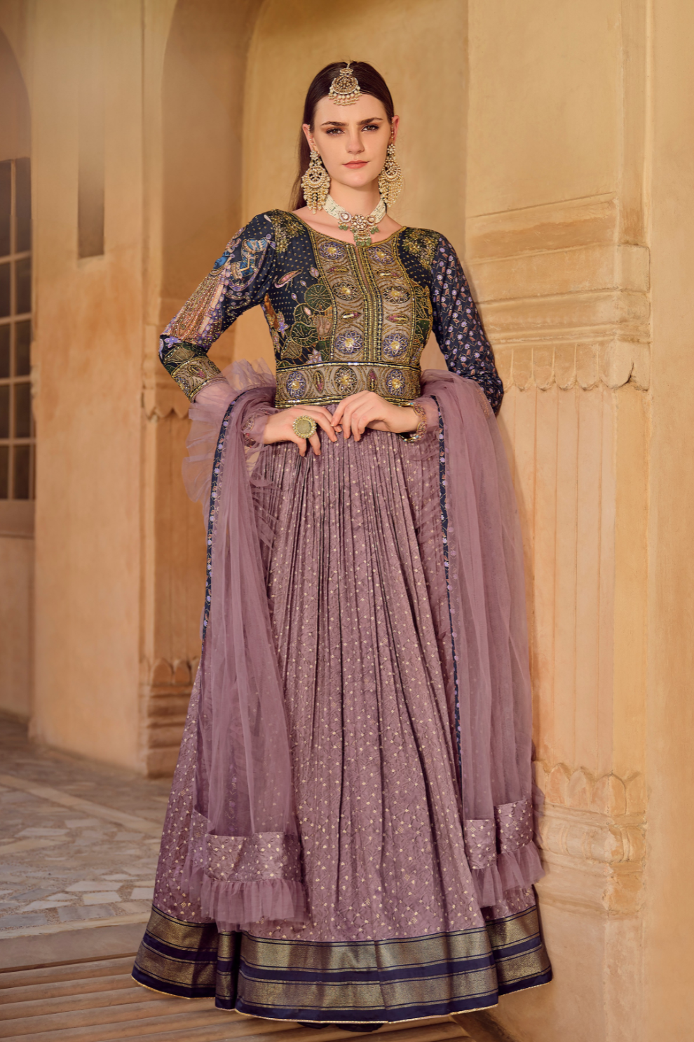 Elegant Purple Silk Gown with Delicate Thread Embroidery