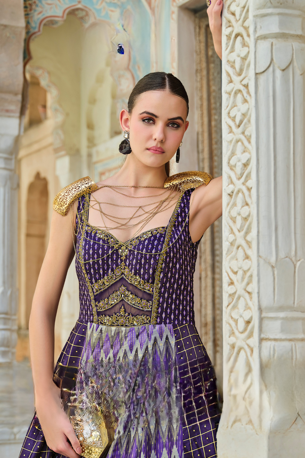 Purple Foil Printed Silk Embroidered Festive Anarkali Gown - LaVante Fashion