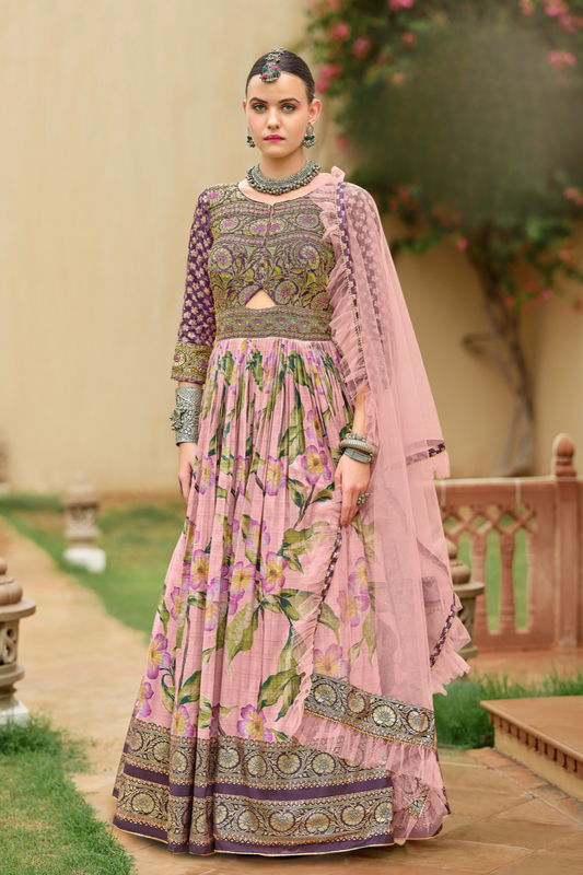 Luxury Zari Silk Pink Gown With Floor-Sweeping Flair