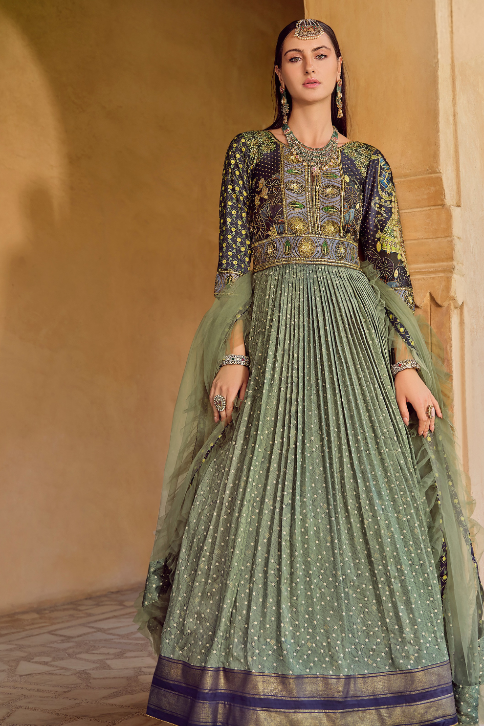 Graceful Green Silk Anarkali Gown Featuring Foil Print