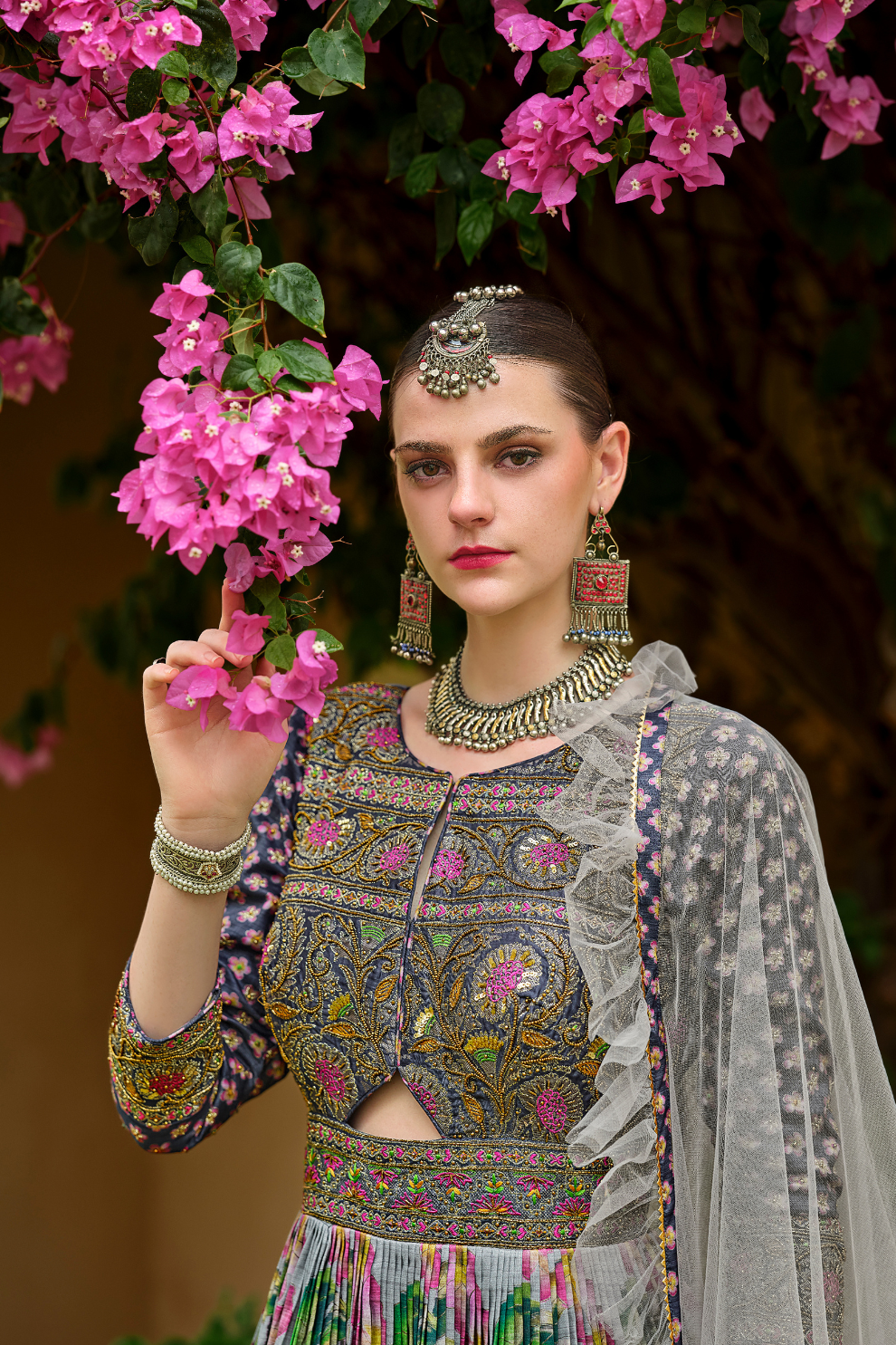 Majesty Grey Silk Designer Gown With Elegant Embroidery