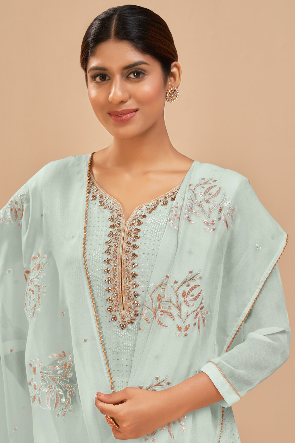 Light Blue Embroidered Georgette Semi-Stitched Suit Set