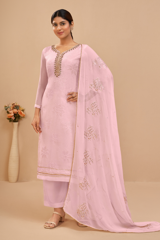 Graceful Light Pink Zari Georgette Suit Set Semi Stitched