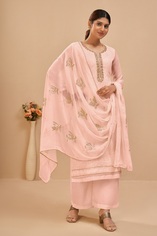 Peach Georgette Palazzo Style Suit with Intricate Embroidery