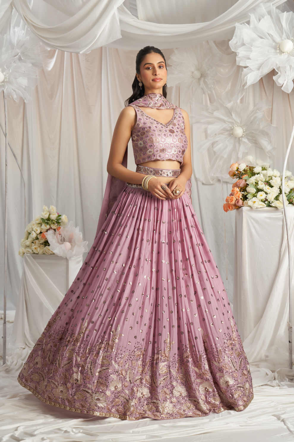 Georgette Sequin Embroidered Semi-Stitched Lehenga Choli & Dupatta