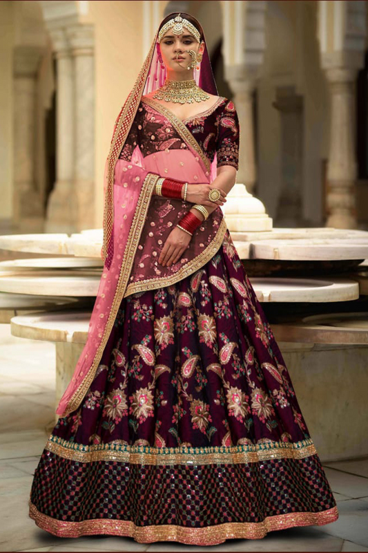 purple dori sequins and thread embroidered taffeta silk designer lehenga for wedding